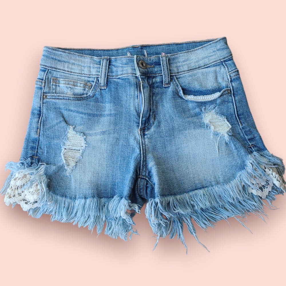 Girls Sneak Peek Ripped Jeans cut off fringe style lace details
